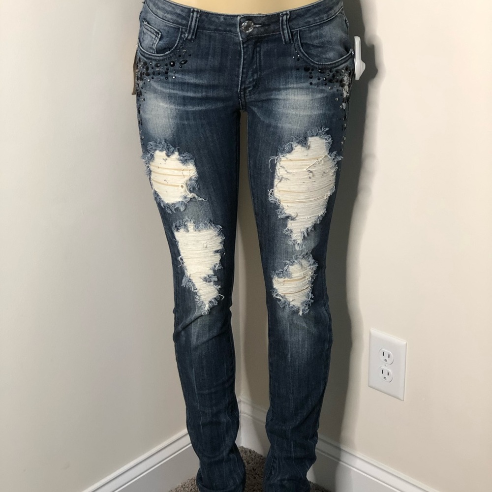 Machine Women's Distressed Blue Skinny Jeans